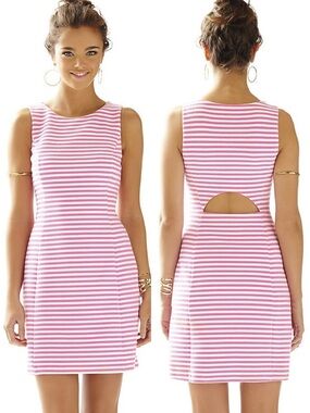 Lilly Pulitzer Whiting Hotty Pink Ottoman Stripe  Back Cut Out Shift Dress Sz S